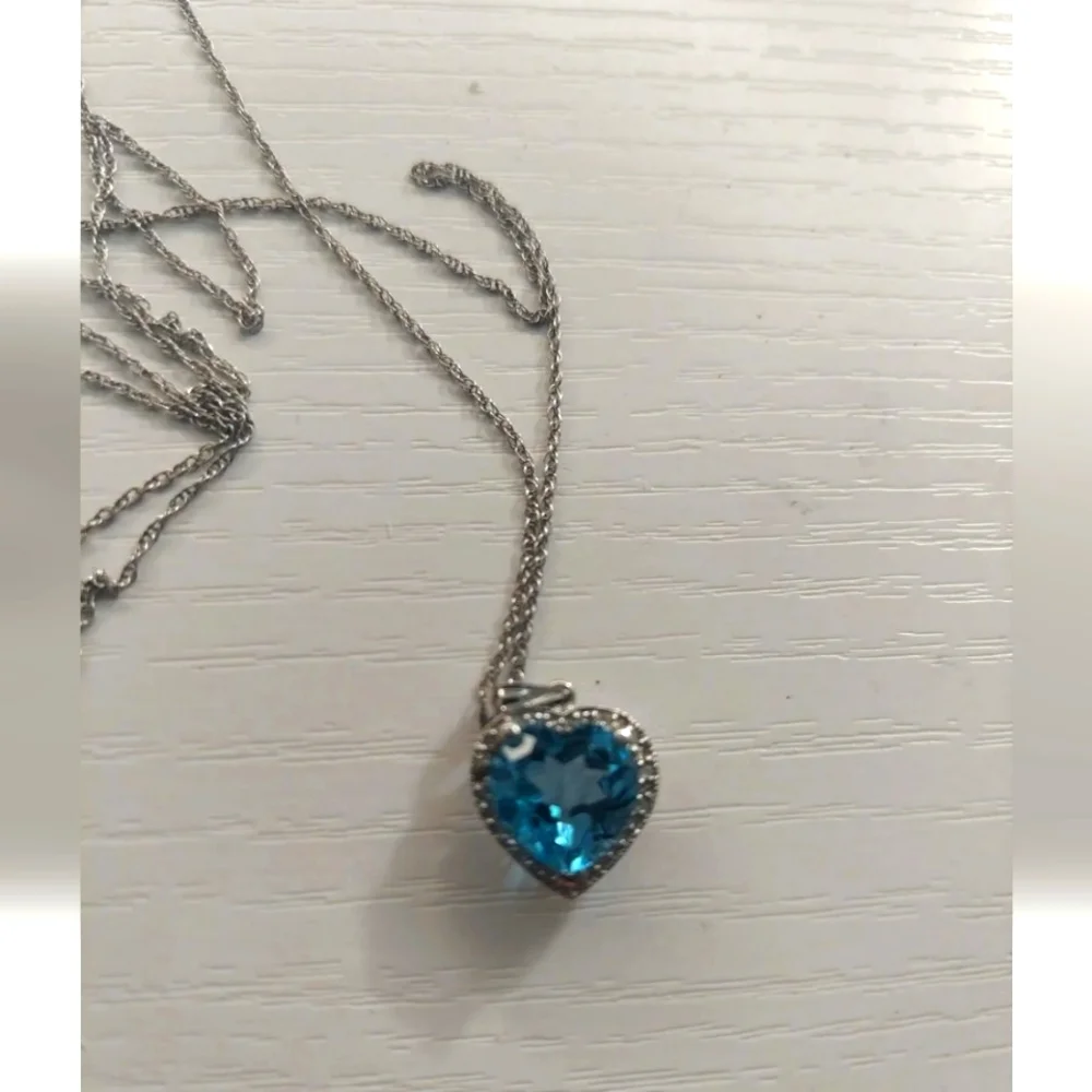 14k solid white gold chain necklace With Natural Diamonds And Blue Natural Topaz